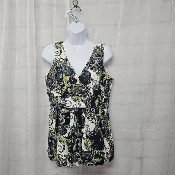 Saks Fifth Avenue Black Green Tank Y2K Pleated Paisley Boho Retro 8 - Picture 1 of 10